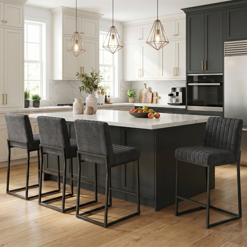 26" Counter Height Bar Stools, Chenille Upholstered, Industrial Metal Frame, Armless, Set Of 4, Dark Gray, 4