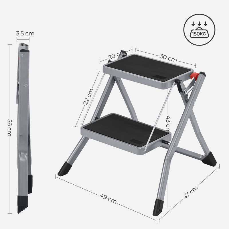 2 Step Ladder, Heavy Duty Steel, Folding, Grey