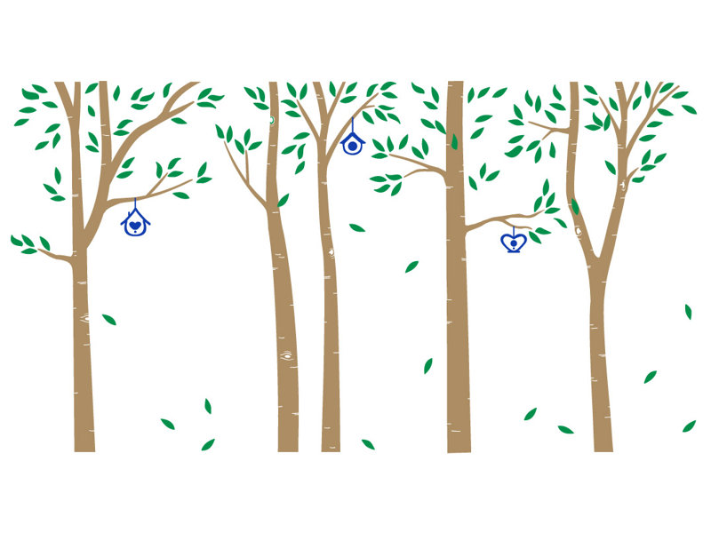 Décalcomanie murale arbres et maisons à oiseau bouleau, Brun pâle / vert / bleu