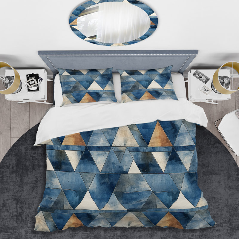 Ensemble de housse de couette géométrique Rustic Cobalt Triangle Symphony, Housse de couette pour très grand lit et 2 très