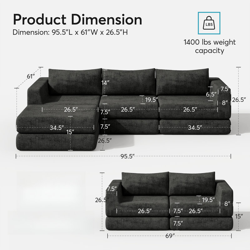 Boneless Cloud Boneless L-shaped Modular Sectional Couch – 4-seater Upholstered Convertible Sofa With Ottoman, Deep Seat Chenille For Living Room,green