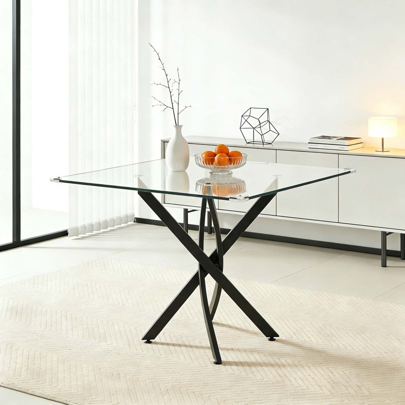 Brintney Contemporary Square Clear Dining Tempered Glass Table with Stainless Steel Legs,dinning table,dining room table