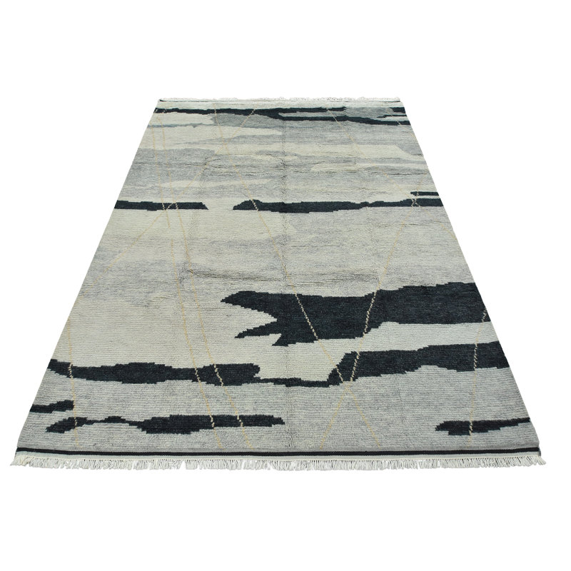 Tapis gris en laine noué à la main de conception unique 8 pi 1 po x 10 pi 6 po Jonavin