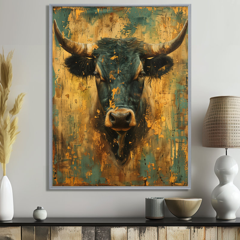 Reproduction d'art murale rétro, Taureau vert doré, Toile argentée avec cadre flottant, H 32 po x l 16 po x P 1 po