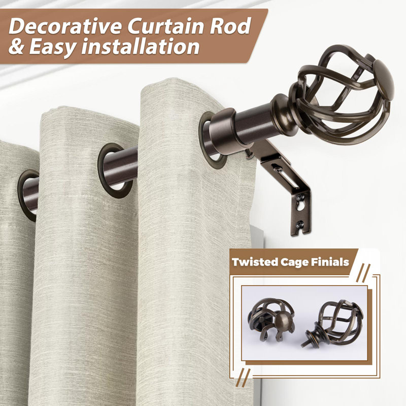 Tringle à rideaux robuste de 1 pouce, longues tringles à rideaux décoratives simples, extrémité de cage torsadée, 34" - 143"