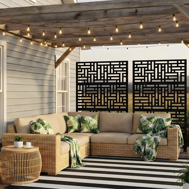 Outdoor Privacy Screen 70-Inch 3-Panel – Geometric design – Black, Black