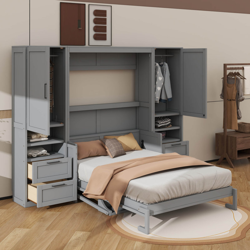 Lit escamotable Murphy avec armoire spacieuse, tiroirs et tablettes, Gris, Double