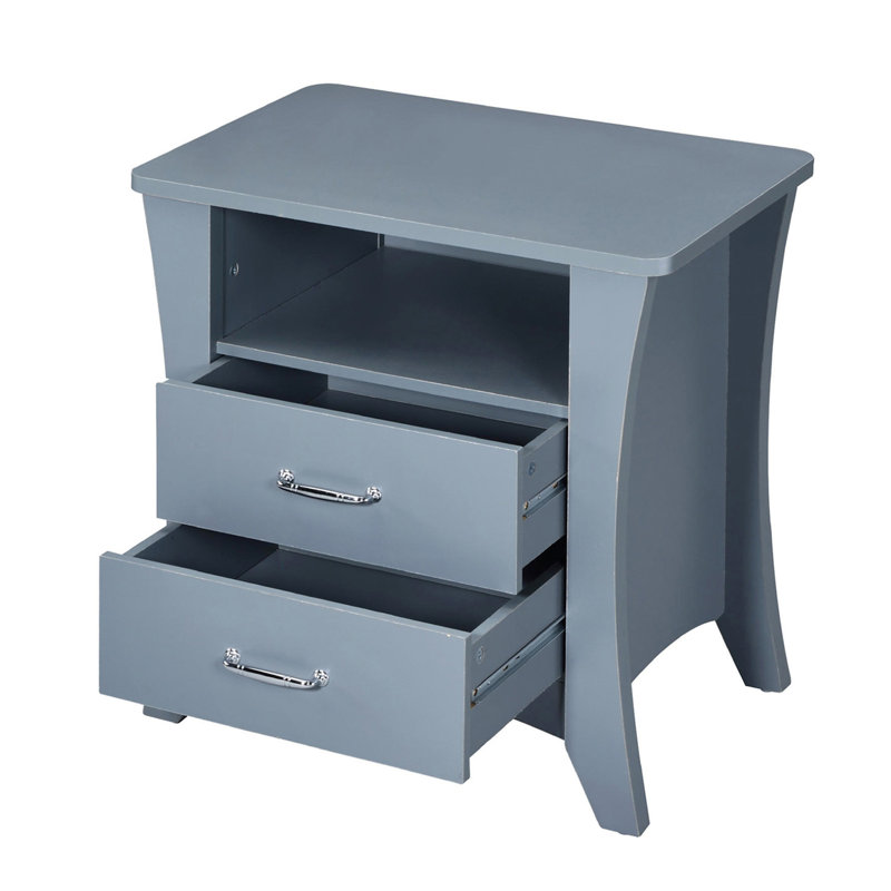 Table de chevet grise avec 2 tiroirs et compartiment ouvert pour le rangement de la chambre à coucher