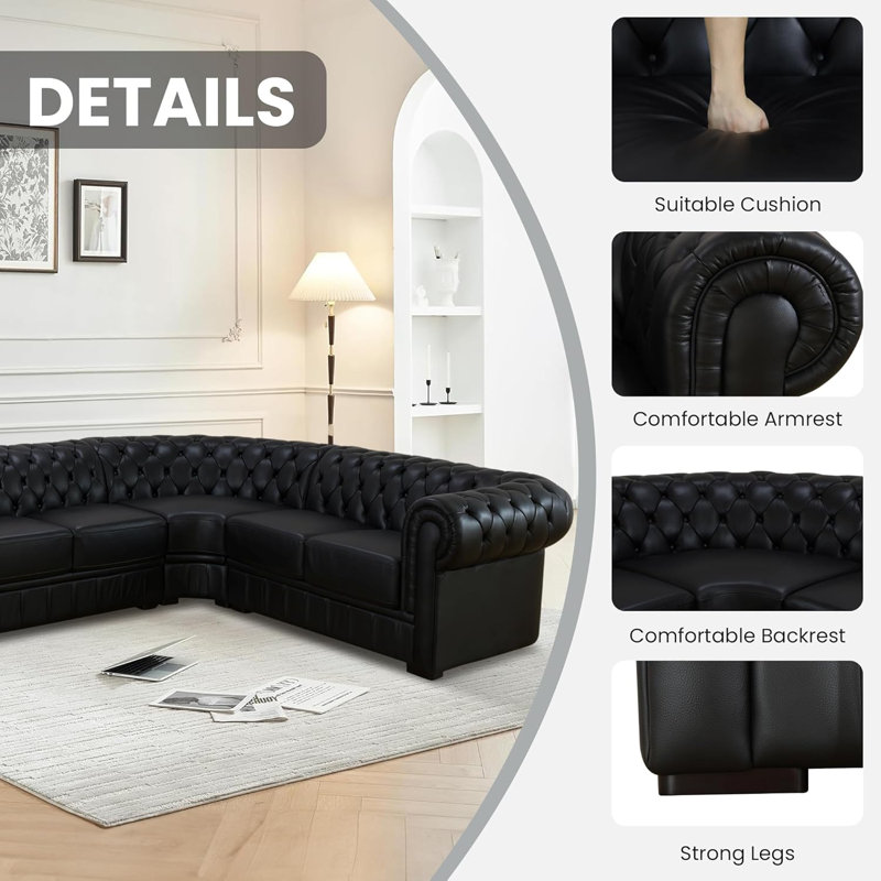 3-piece Cow Top Leather Sectional Sofa, Left Hand Facing, Black Genuine Leather
