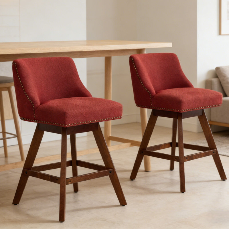 Tabouret de bar et de comptoir pivotant de 26,6 po avec garniture cloutée Logreira, Rouge