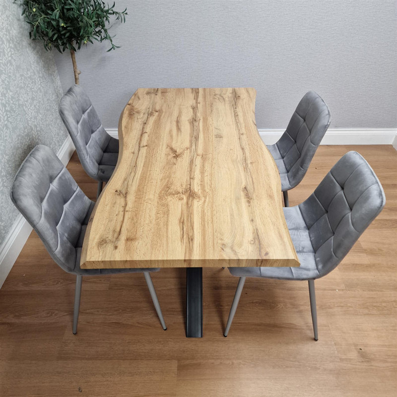 Wooden Brown Dining Table with 4 Grey Velvet Chairs, Stylish Dining Room Furniture, Grey
