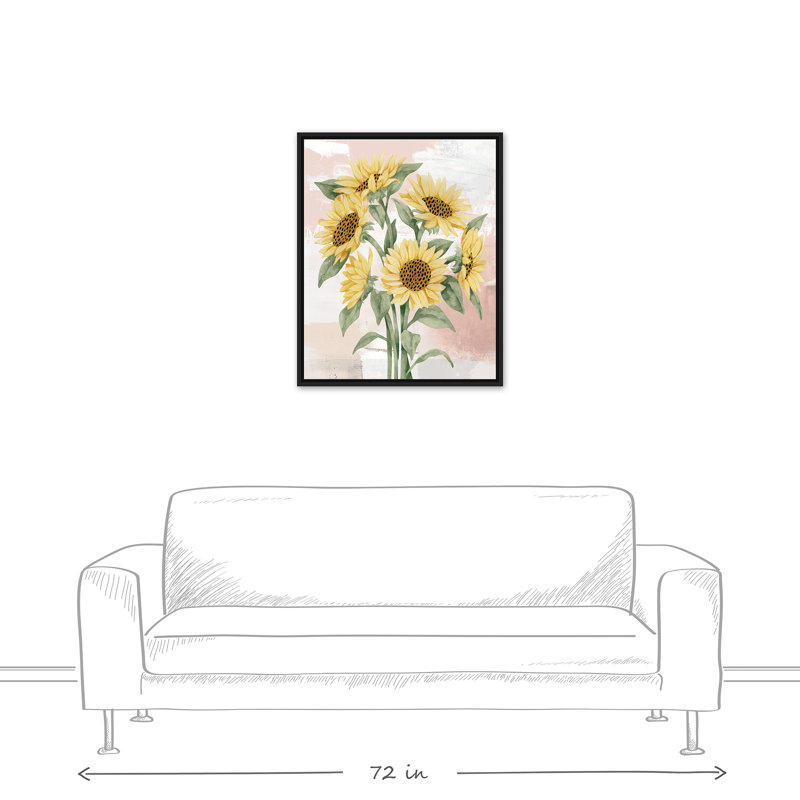 Tournesols sur fond rosé - peinture, Toile à cadre flottant noir, H 31,75 po x l 25,75 po x P 1,75 po