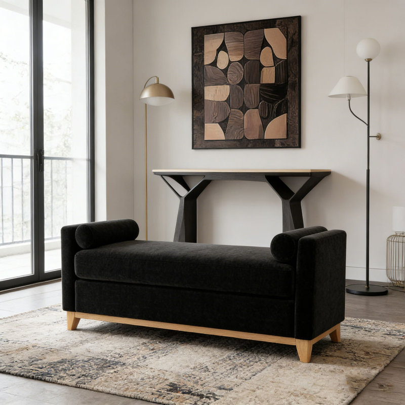 Banc rembourré en bois massif, 66,34 pouces, Noir + Naturel