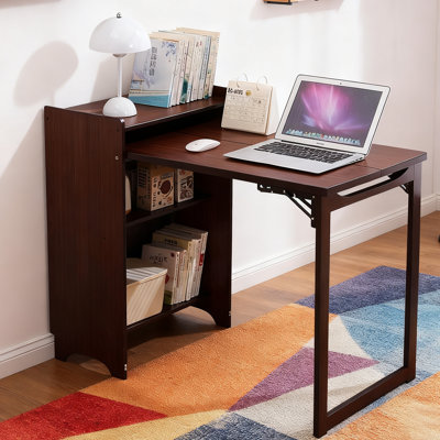 Bamboo Foldable Computer Desk with Hidden Storage Cabinet 
