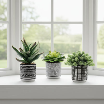 Set Of 3 Small Faux Succulents In Black And White Geometric Pots For Table, Shelf, Indoor Outdoor Decor