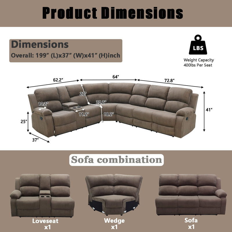 Ensemble de canapé modulaire inclinable 3 pièces, Café