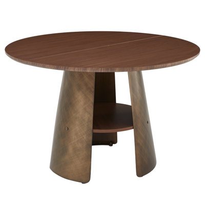 47.25 Inch Round Dining Table, Retro Style, Brushed Texture, Suitable For 4-6 People, MDF Tabletop, Metal Frame, Walnut Wood, Bronze Color.