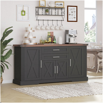 63" Farmhouse Barn Door Storage Cabinet with 2 Drawers & Door Rack, Large Buffet Table Coffee Bar Cabinets with Adjustable Shelves for Kitchen, Living