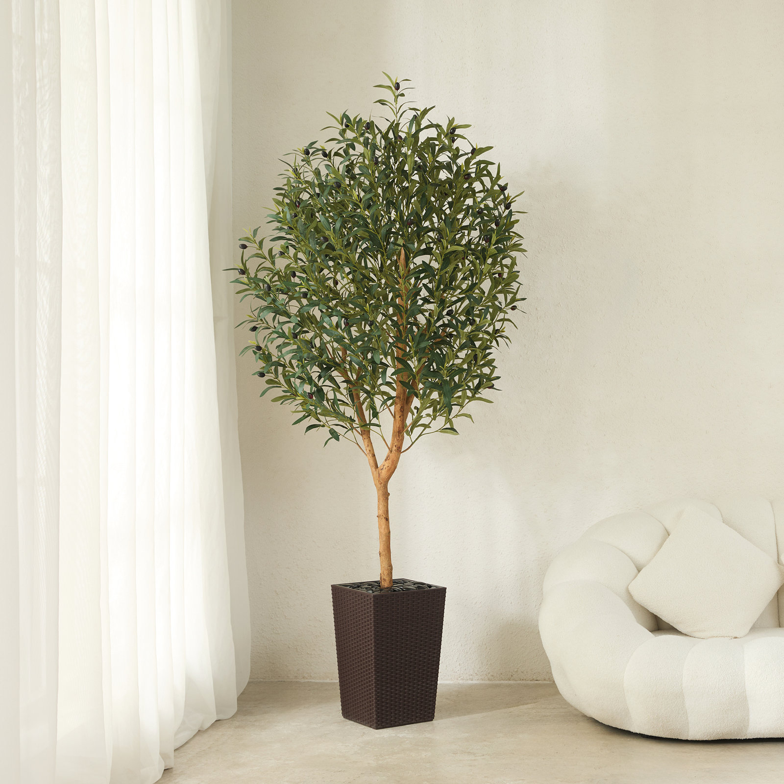 George Artificial Olive Tree with Decorative Pot, UV Resistant Faux Olive Tree with Natural Trunk, 72" H x 24" W x 24" D