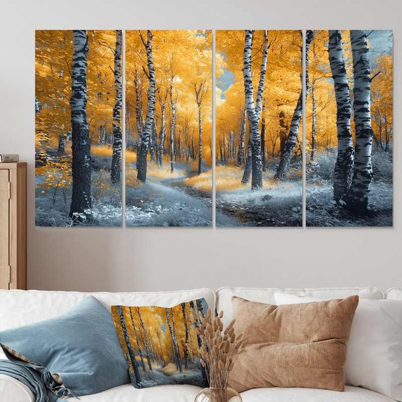 «Autumn Birch Trees Forest Path Panorama I», ensemble d'art mural sur toile, H 28 po x l 48 po
