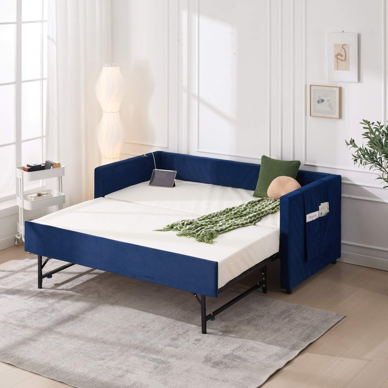 Twin Upholstered Daybed With Trundle, USB Port & Side Pockets – Modern V-Grained Backrest, No Box Spring Needed, Blue