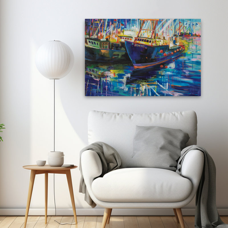 Art bleu et bateaux pour la nuit, H 24 po x l 36 po