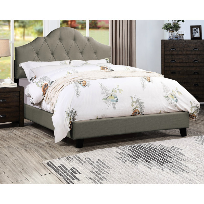 Cadre de chambre à coucher de style contemporain, lit double, revêtement gris, lit moderne paisible, tête de lit et structure arquées