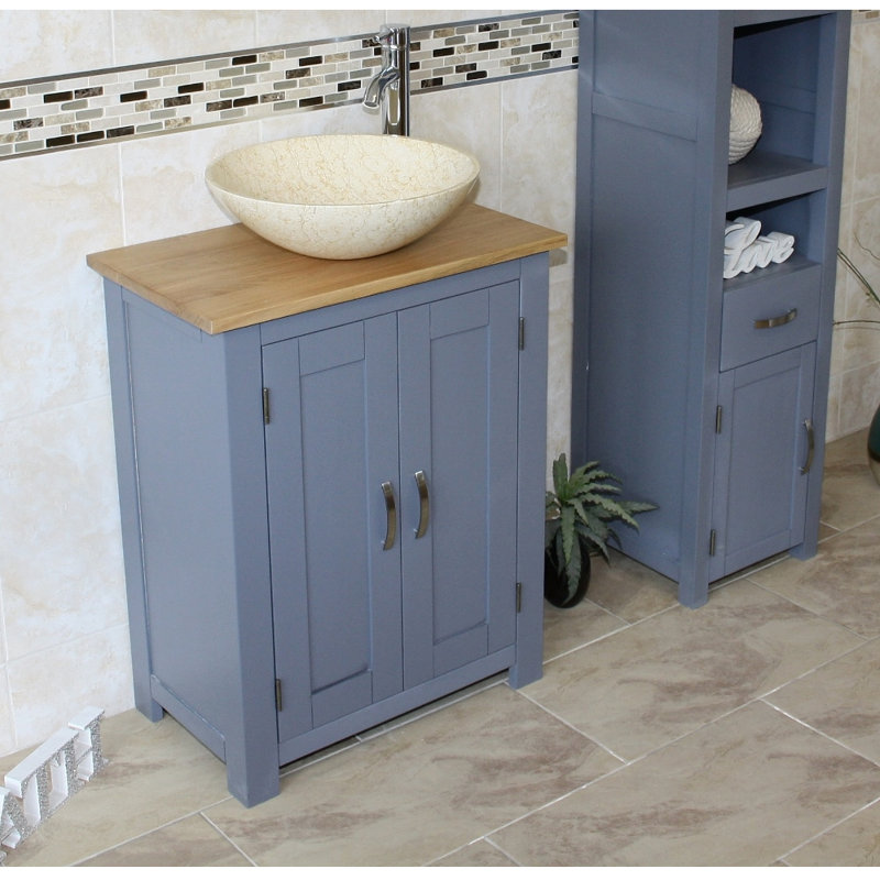 Cowen 650mm Single Bathroom Vanity with Vessel St1 Basin, Grey, Cream Marble, Oak