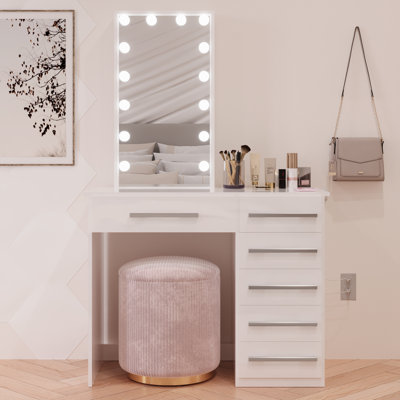 Boahaus Sofia Modern Lighted Vanity Table, Mirror with Lights Add-On, USB (Type A & C) and 06 Drawers for Storage