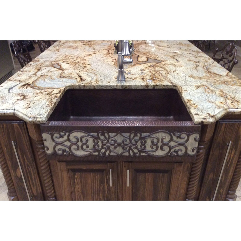 37" Hammered Copper Farmhouse Sink with Scroll Design