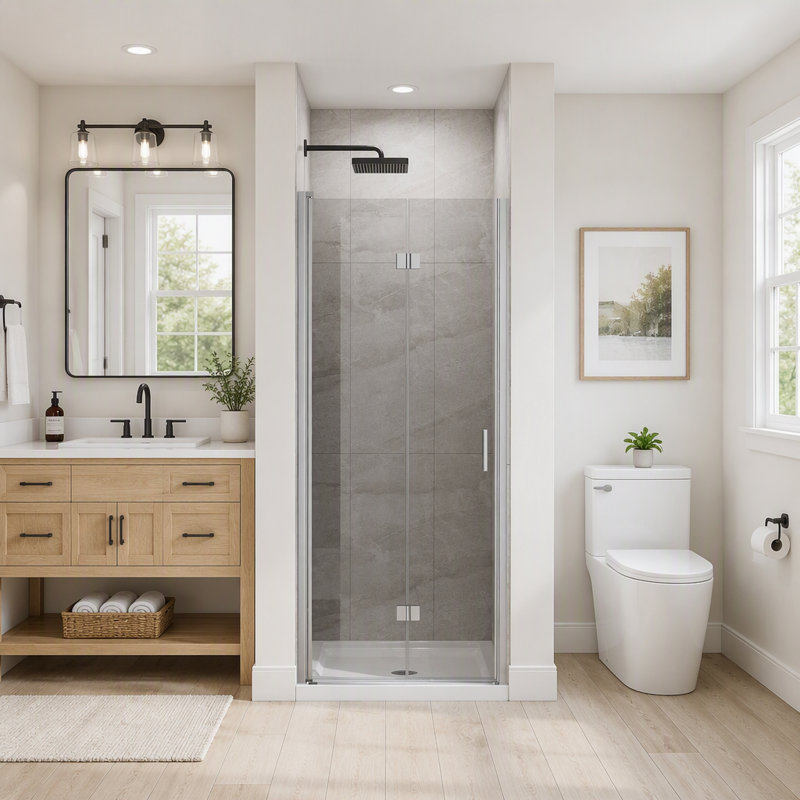 Porte de douche pivotante en verre trempé transparent de 6 mm (1/4 po) sans cadre, pliable, Chrome chrome