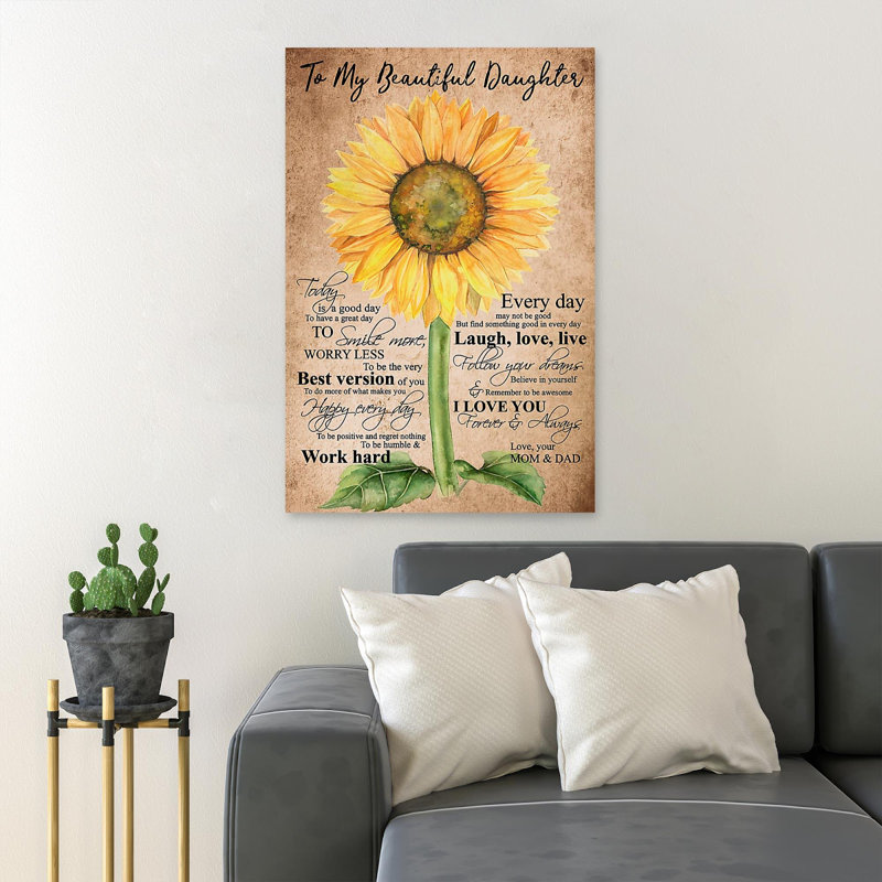 Tournesols sur fond brun - To My Beautiful Daughter - 1 pièce, impression d'art graphique rectangulaire sur toile tendue