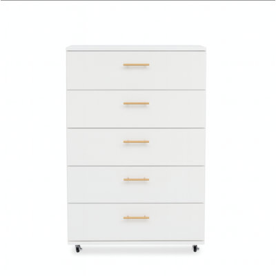 Commode blanche à 5 tiroirs avec poignées - Armoire de rangement moderne
