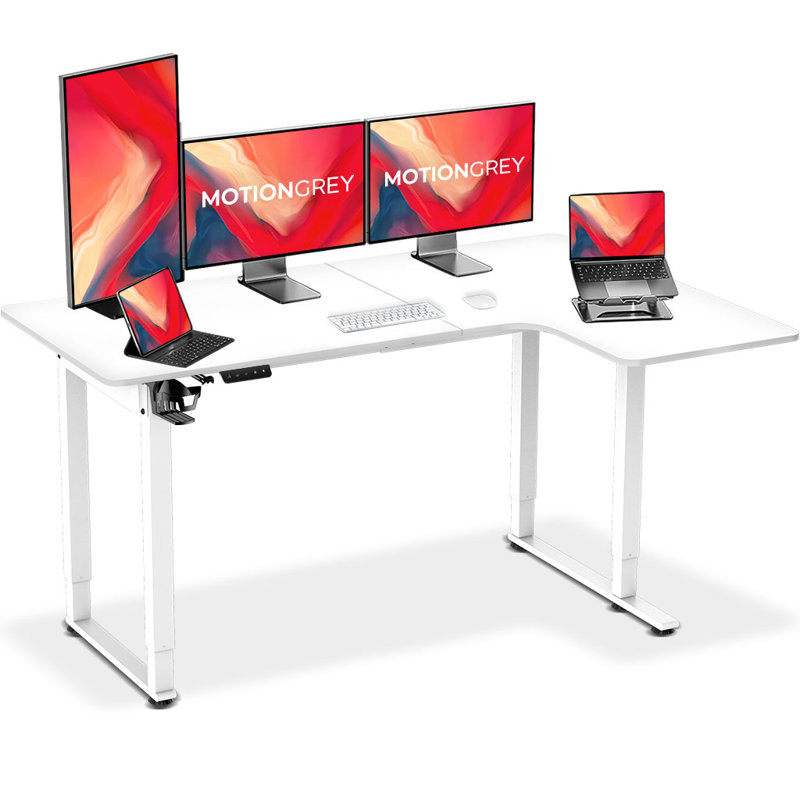 Bureau debout électrique en L à hauteur ajustable (63 po), Blanc, Oui