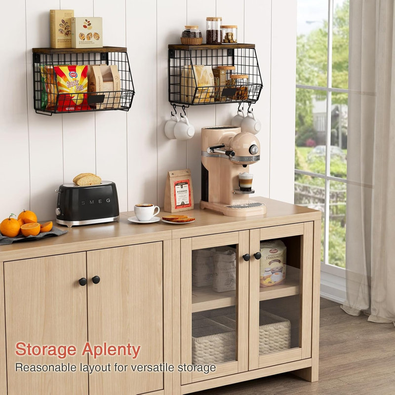 Panier de fruits suspendu pour comptoir de cuisine, paquet de 2, paniers en fil de fer empilables pour l'organisation avec couvercle en bois, bac à pommes de terre et oignons avec crochet à banane pour légumes, noir et rustique