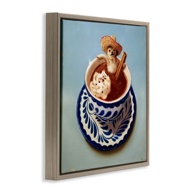 «Chihuahua Hot Chocolate Humor» par Lucia Heffernan, Cadre flottant orme Montalcino, H 18 po x l 18 po
