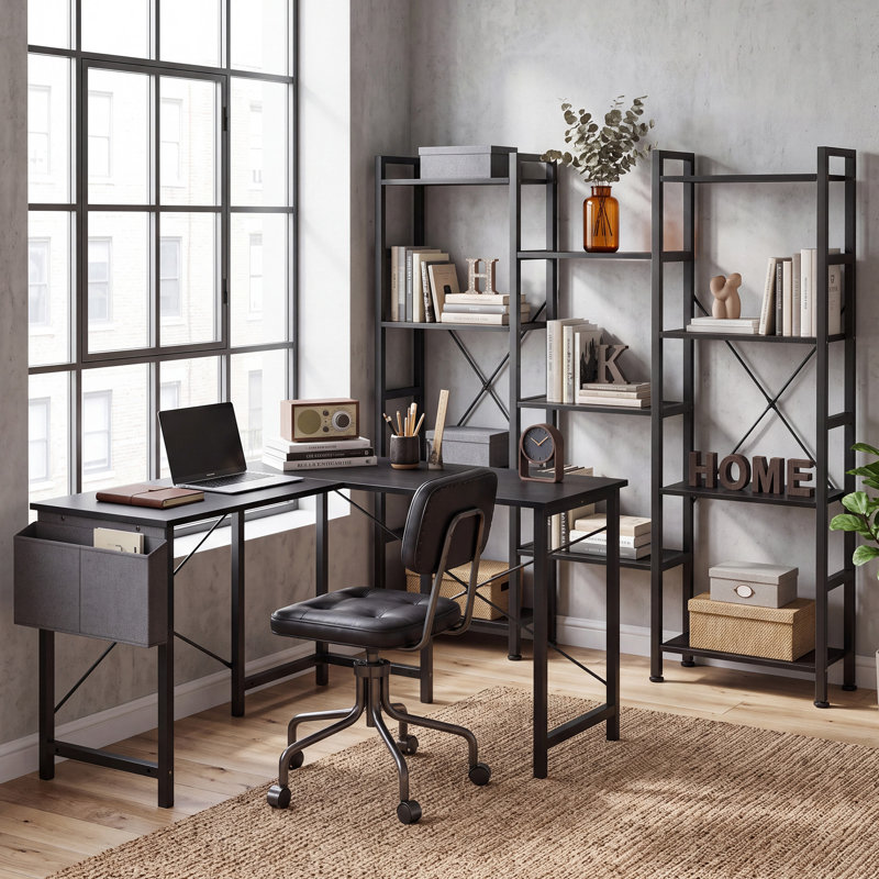 Bureau en L réversible avec bibliothèque triple, ensemble de mobilier de bureau industriel, Noir