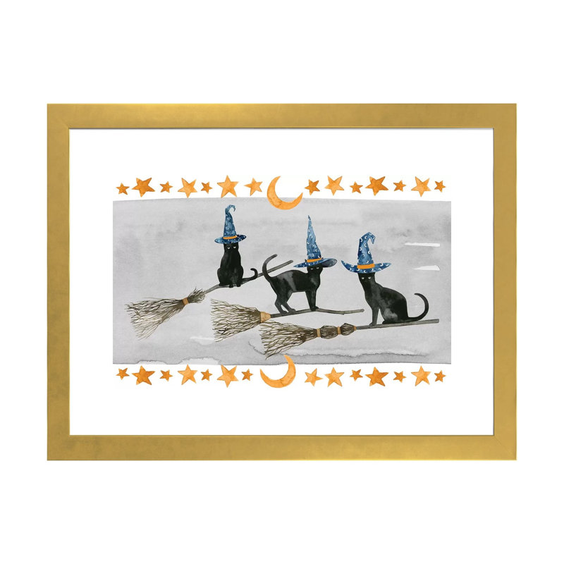 « Black Cat collection D » par Grace Popp-impression d’art graphique, Blanc, H 24 po x l 32 po x P 1 po, Papier encadré doré