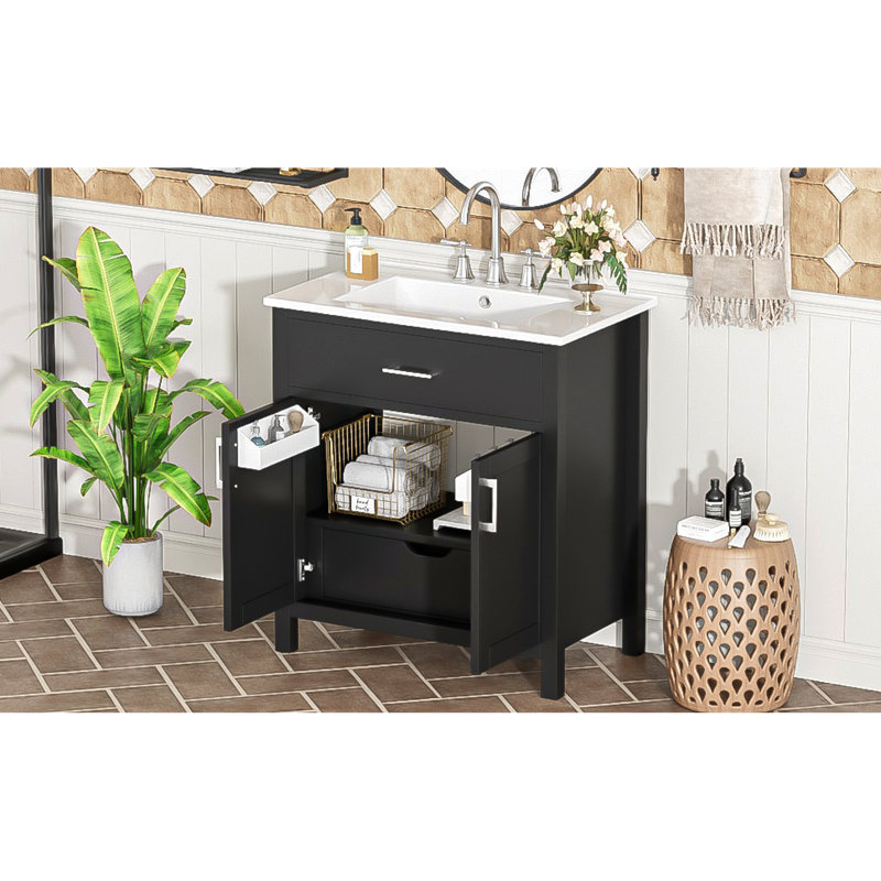 Compact Vanity Storage Solution, Solid Wood & Mdf, Modern Transitional, Ideal For Small Bathrooms