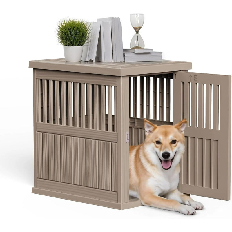 Chenil pour chien en résine légère, barrière verrouillable, visualisation et circulation d'air optimales, cage et table d'appoint pour animaux de compagnie, installation facile et utilisation robuste