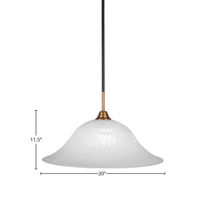 Luminaire suspendu à tige Austr, fini noir mat et laiton avec verre tourbillon blanc albâtre de 20 po
