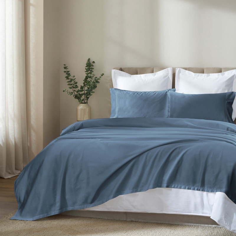Ensemble de draps en coton Apus, Ensemble de draps très grand californien avec 2 t, Bleu denim, Mattress Pocket Depth 15"