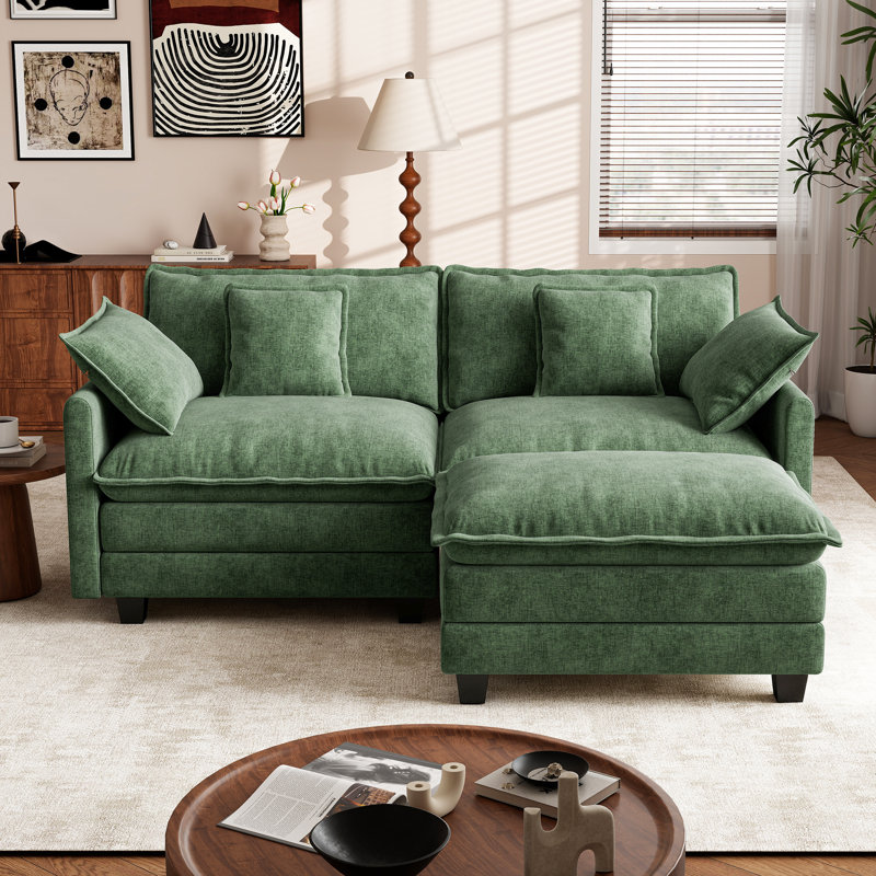 George 76.8" Modern 3 Seat Chenille L Shaped Modular Sectional Sofa With Ottoman, Green Chenille