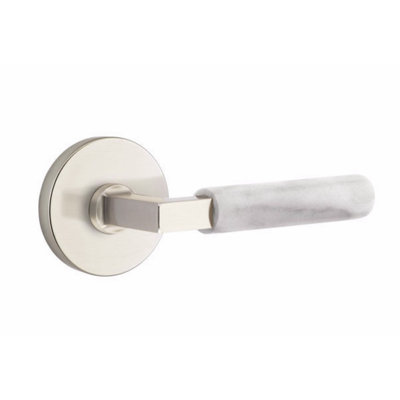 Ensemble de leviers d'intimité Emtek Select, rosette à disque, tige carrée en L, poignée en marbre blanc, gauche