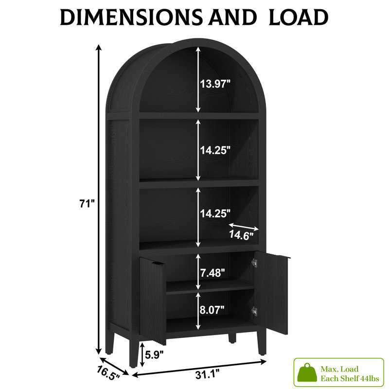 71" Tall  Arched Bookcase with Fluted Doors and Open Shelf, Black