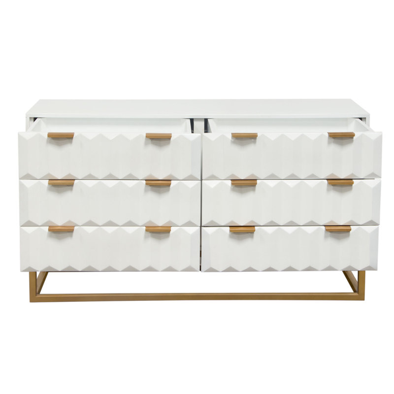 Commode en bois de manguier massif à 6 tiroirs Spectrum avec finition blanche et pieds en fer doré