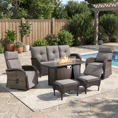 Outdoor Wicker Patio Furniture Set with Propane Fire Pit Table, Reclining Swivel Rocker Chairs with Adjustable Backrest & Footrest