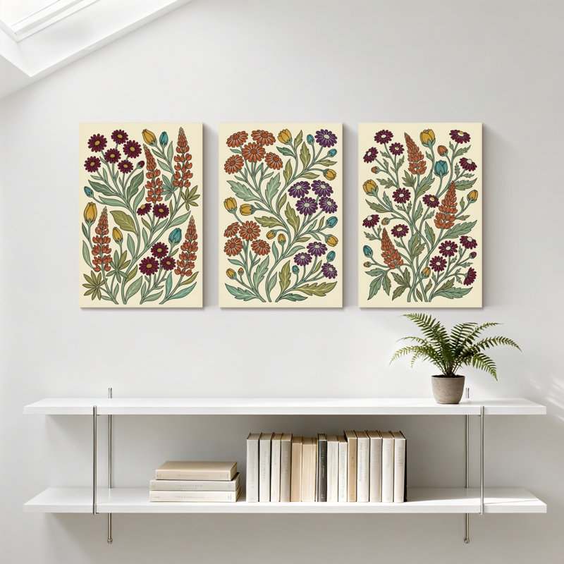 Plantes et fleurs, ensemble de 3 reproductions d'art sur toile, H 18 po x l 36 po