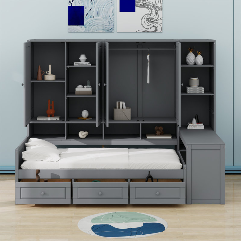 Wooden Daybed With Three Drawers, And All-In-One Cabinet, Desk And Shelves, Gray
