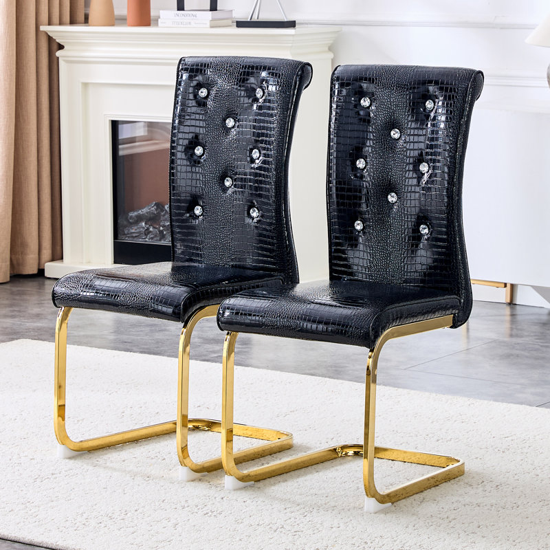Modern Faux Leather Dining Chairs Set of 2, Glam Upholstered Side Chairs with Gold Bow Legs, Retro Kitchen Chairs with Alligator Pattern(Black, Golden Plated Leg )